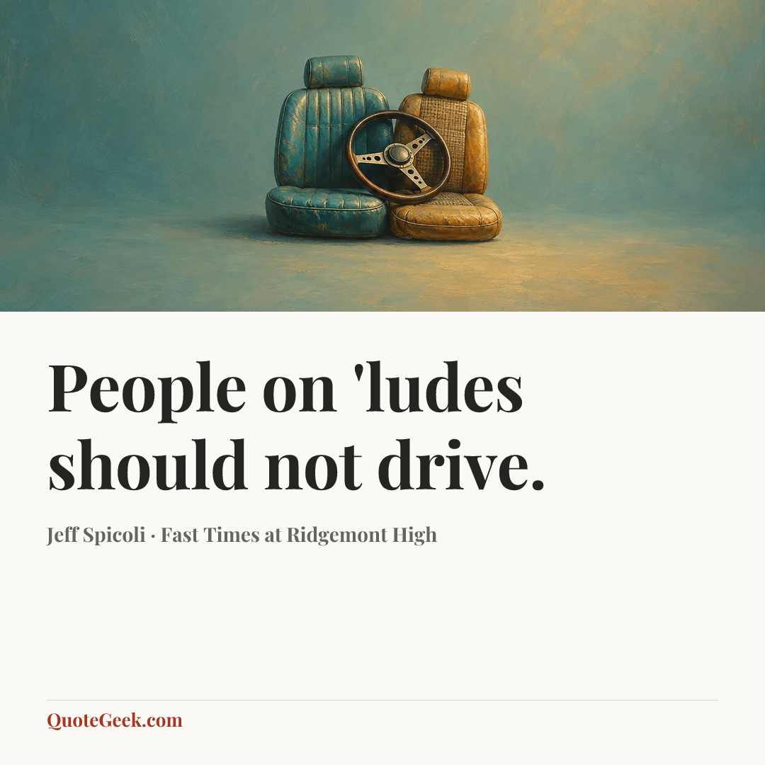 “People on 'ludes should not drive.” — Jeff Spicoli · Fast Times at Ridgemont High. Illustrated QuoteGeek card.