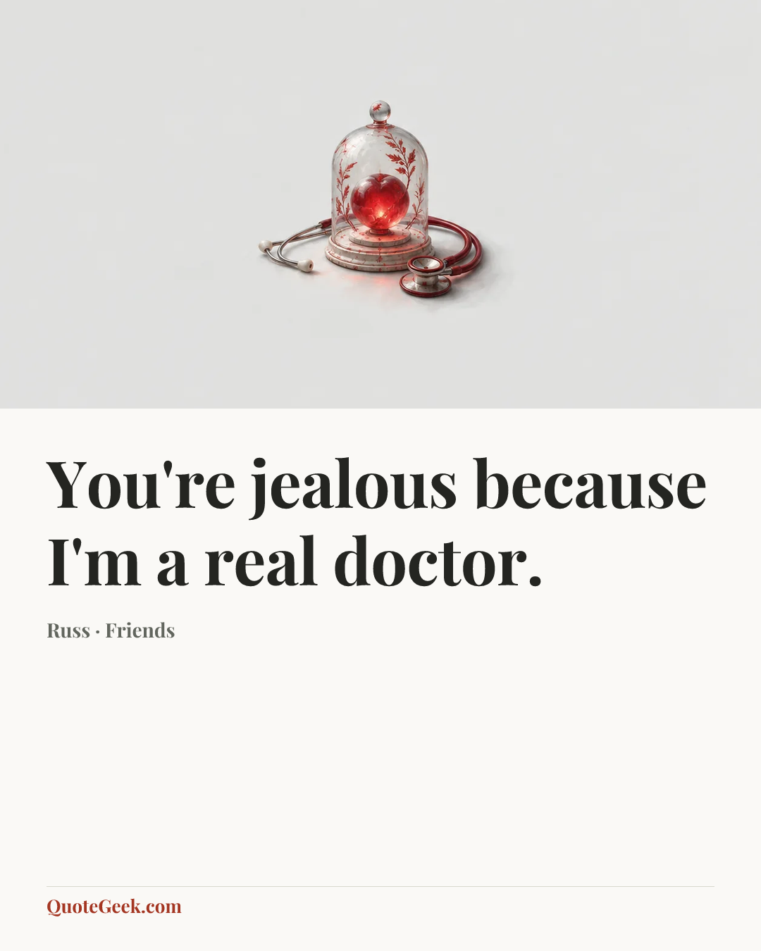 “You're jealous because I'm a real doctor.” — Russ · Friends. Illustrated QuoteGeek card.