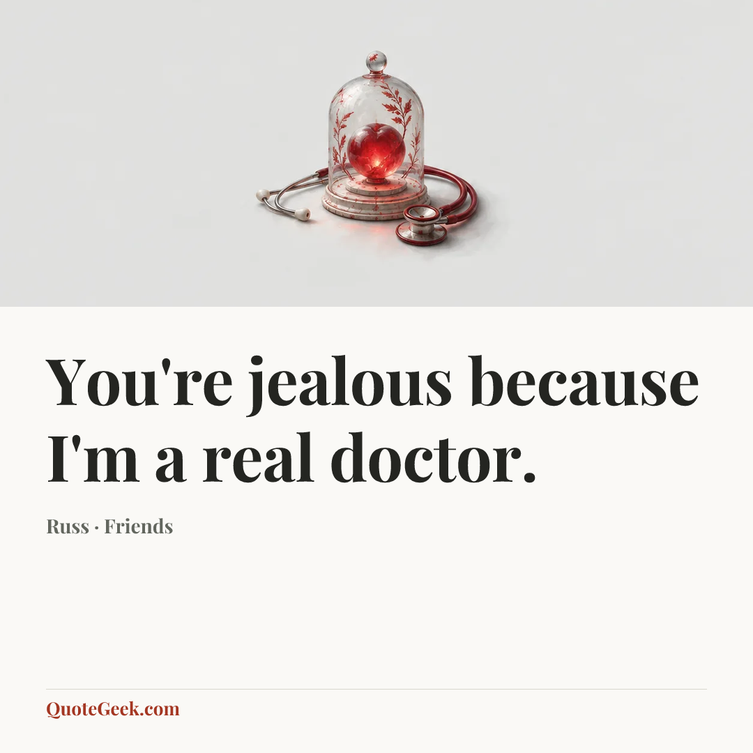 “You're jealous because I'm a real doctor.” — Russ · Friends. Illustrated QuoteGeek card.