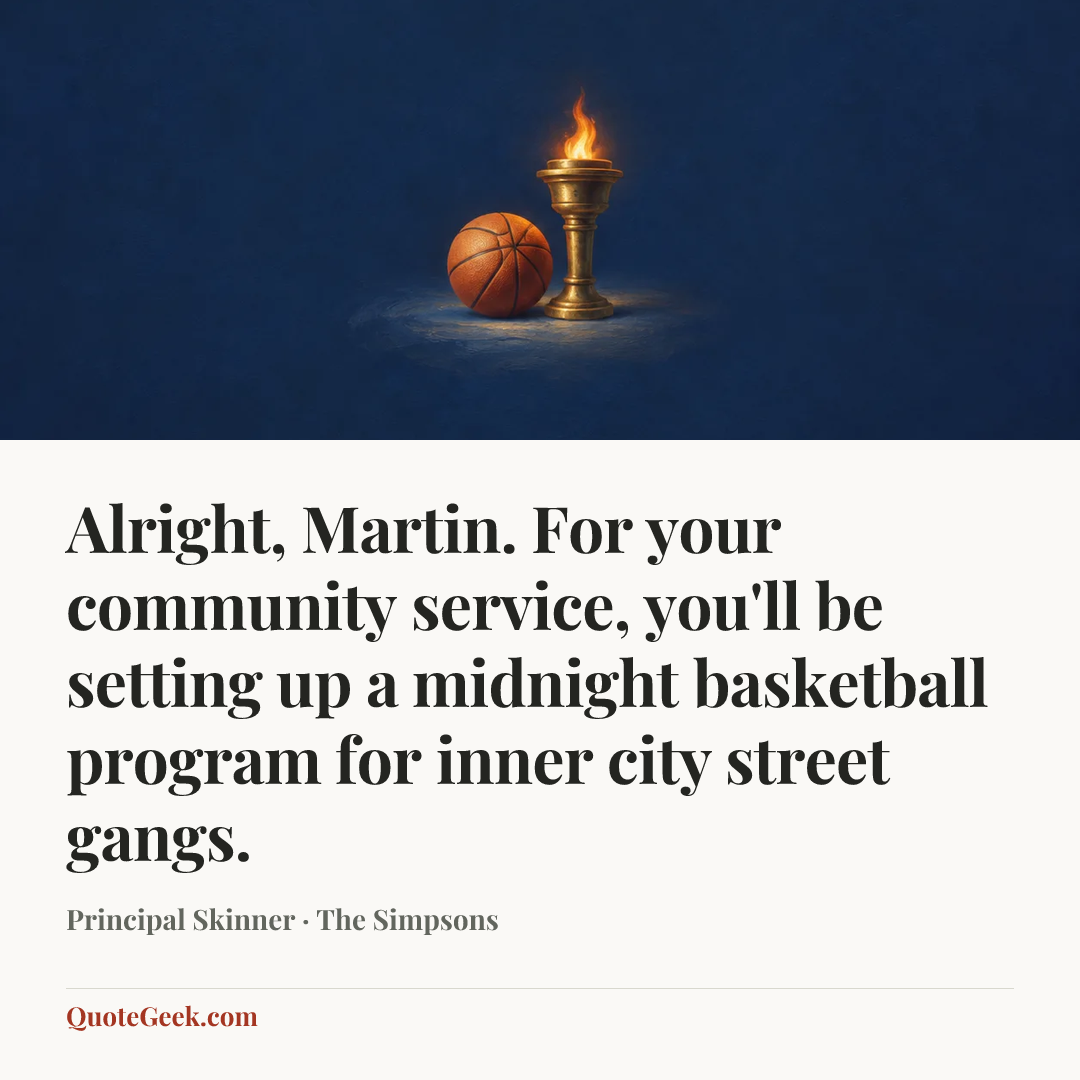 “Alright, Martin. For your community service, you'll be setting up a midnight basketball program for inner city street gangs.” — Principal Skinner · The Simpsons. Illustrated QuoteGeek card.