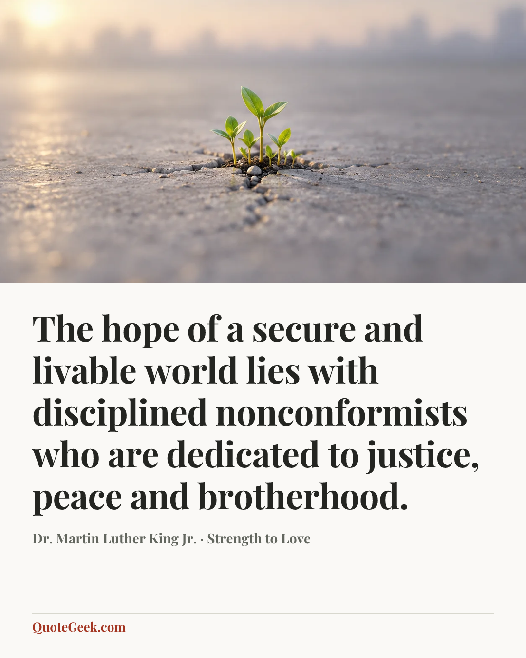 “The hope of a secure and livable world lies with disciplined nonconformists who are dedicated to justice, peace and brotherhood.” — Dr. Martin Luther King Jr. · Strength to Love. Illustrated QuoteGeek card.