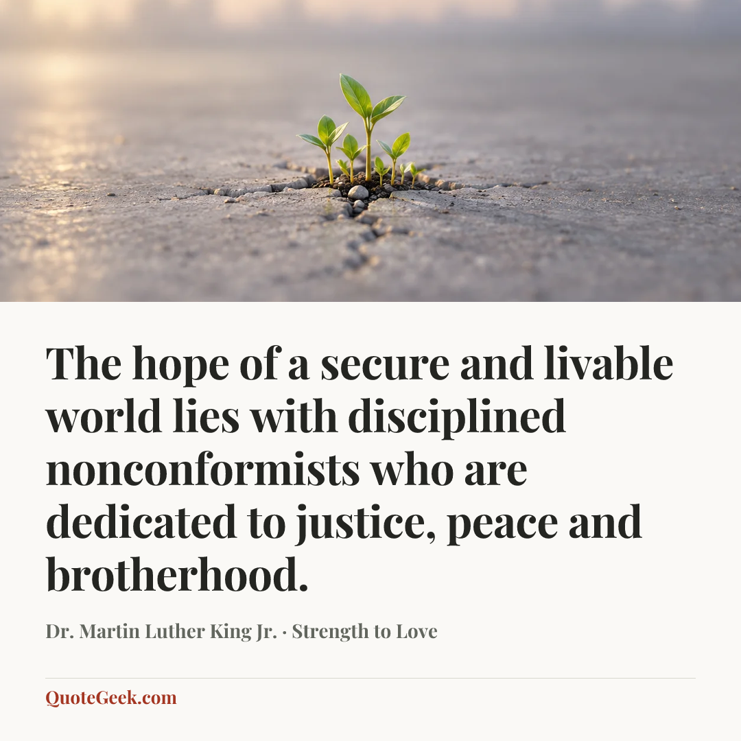 “The hope of a secure and livable world lies with disciplined nonconformists who are dedicated to justice, peace and brotherhood.” — Dr. Martin Luther King Jr. · Strength to Love. Illustrated QuoteGeek card.