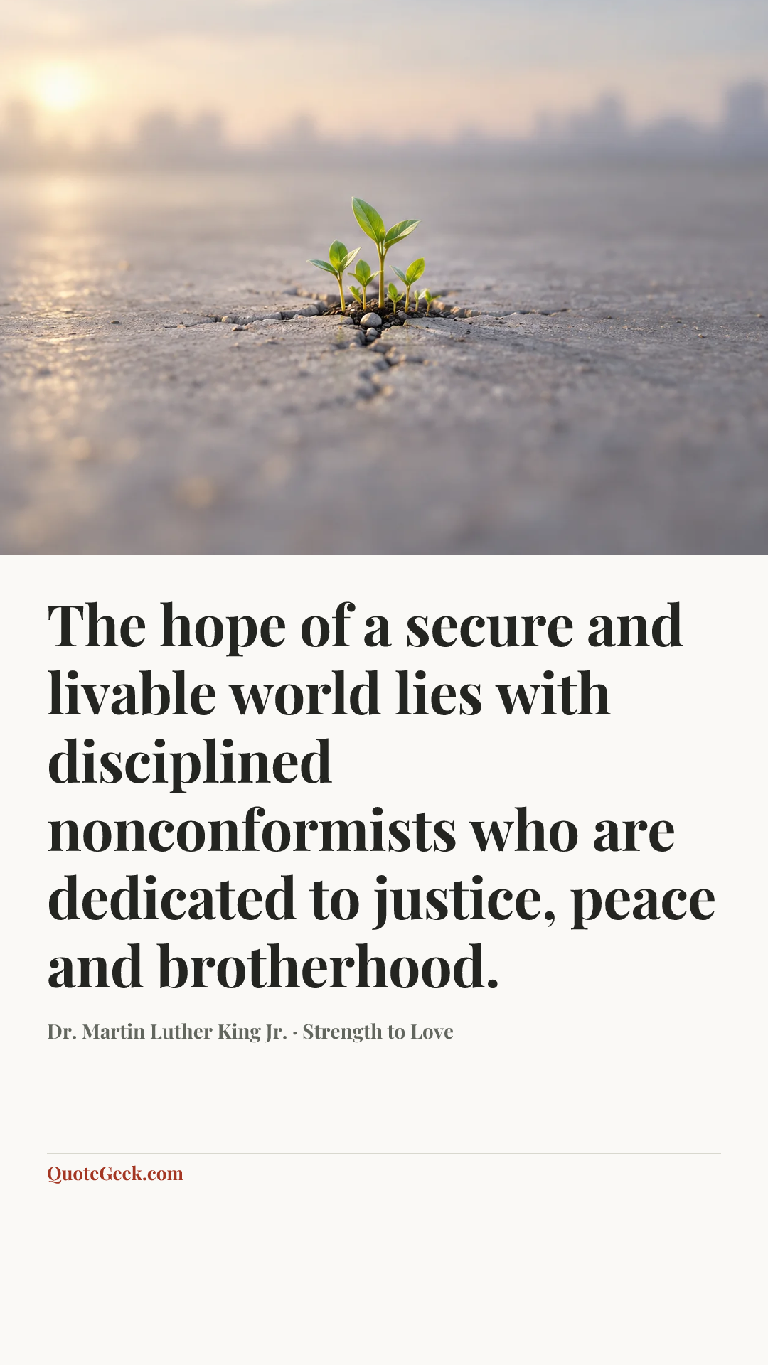 “The hope of a secure and livable world lies with disciplined nonconformists who are dedicated to justice, peace and brotherhood.” — Dr. Martin Luther King Jr. · Strength to Love. Illustrated QuoteGeek card.