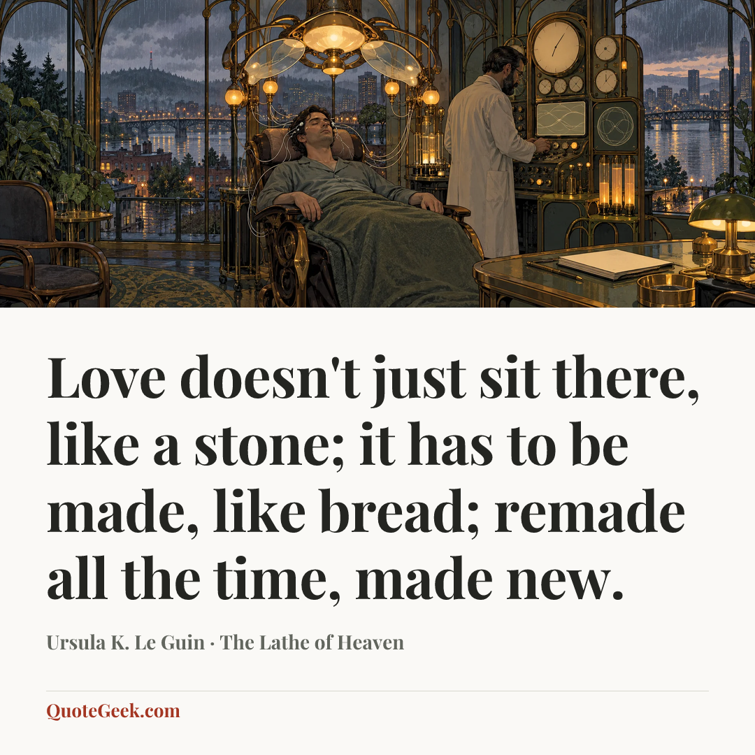 “Love doesn't just sit there, like a stone; it has to be made, like bread; remade all the time, made new.” — Ursula K. Le Guin · The Lathe of Heaven. Illustrated QuoteGeek card.