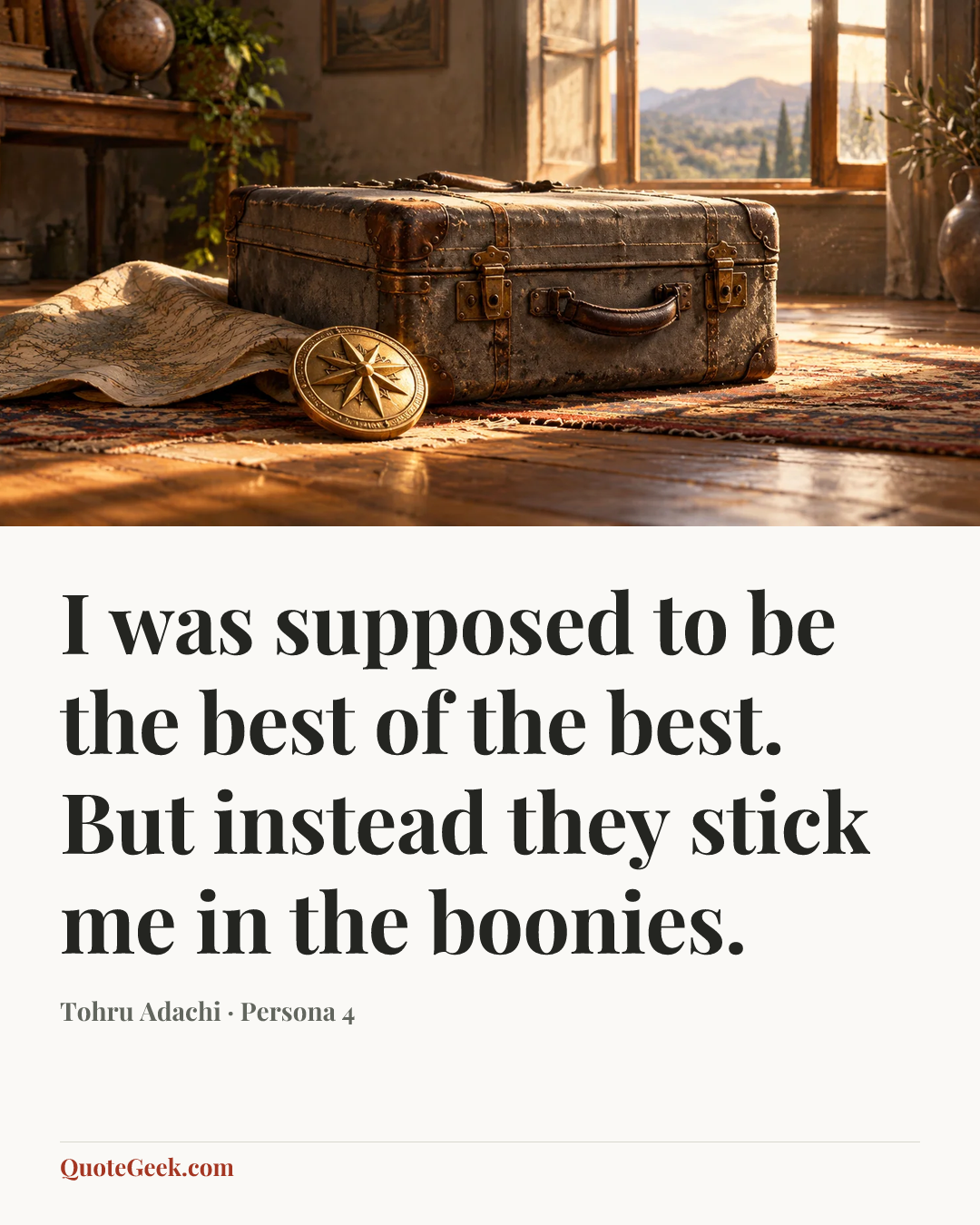 “I was supposed to be the best of the best. But instead they stick me in the boonies.” — Tohru Adachi · Persona 4. Illustrated QuoteGeek card.
