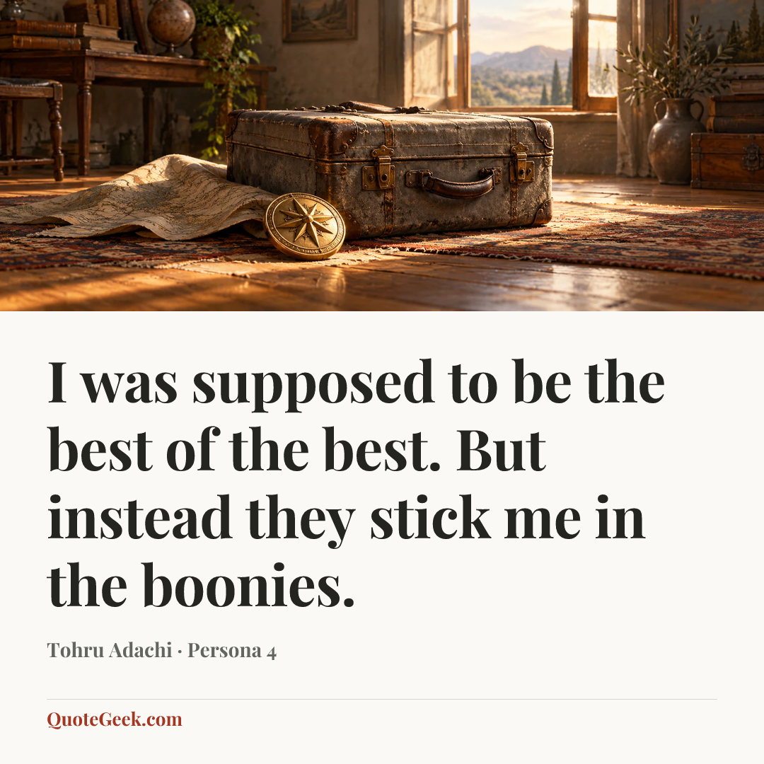 “I was supposed to be the best of the best. But instead they stick me in the boonies.” — Tohru Adachi · Persona 4. Illustrated QuoteGeek card.