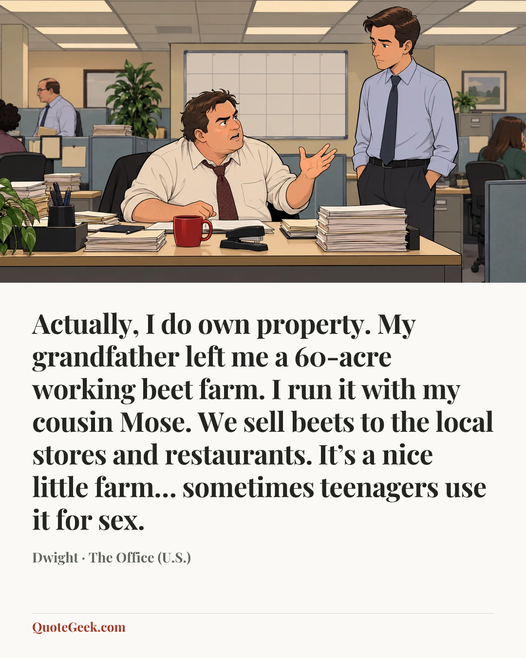 “Actually, I do own property. My grandfather left me a 60-acre working beet farm. I run it with my cousin Mose. We sell beets to the local stores and restaurants. It’s a nice little farm… sometimes teenagers use it for sex.” — Dwight · The Office (U.S.). Illustrated QuoteGeek card.