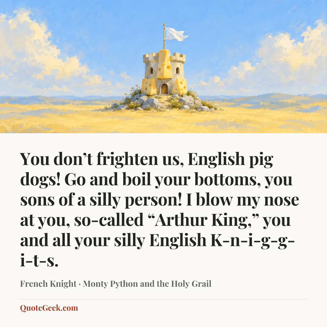 “You don’t frighten us, English pig dogs! Go and boil your bottoms, you sons of a silly person! I blow my nose at you, so-called “Arthur King,” you and all your silly English K-n-i-g-g-i-t-s.” — French Knight · Monty Python and the Holy Grail. Illustrated QuoteGeek card.