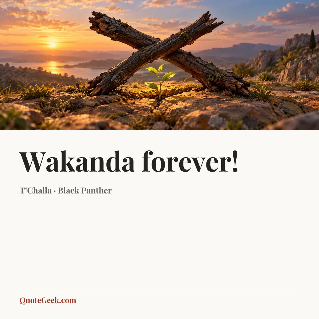 “Wakanda forever!” — T’Challa · Black Panther. Illustrated QuoteGeek card.
