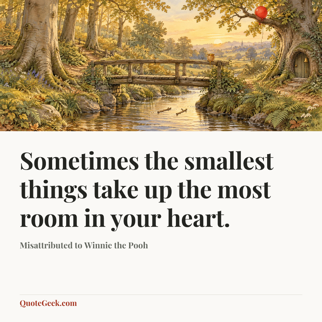 “Sometimes the smallest things take up the most room in your heart.” — Misattributed to Winnie the Pooh. Illustrated QuoteGeek card.