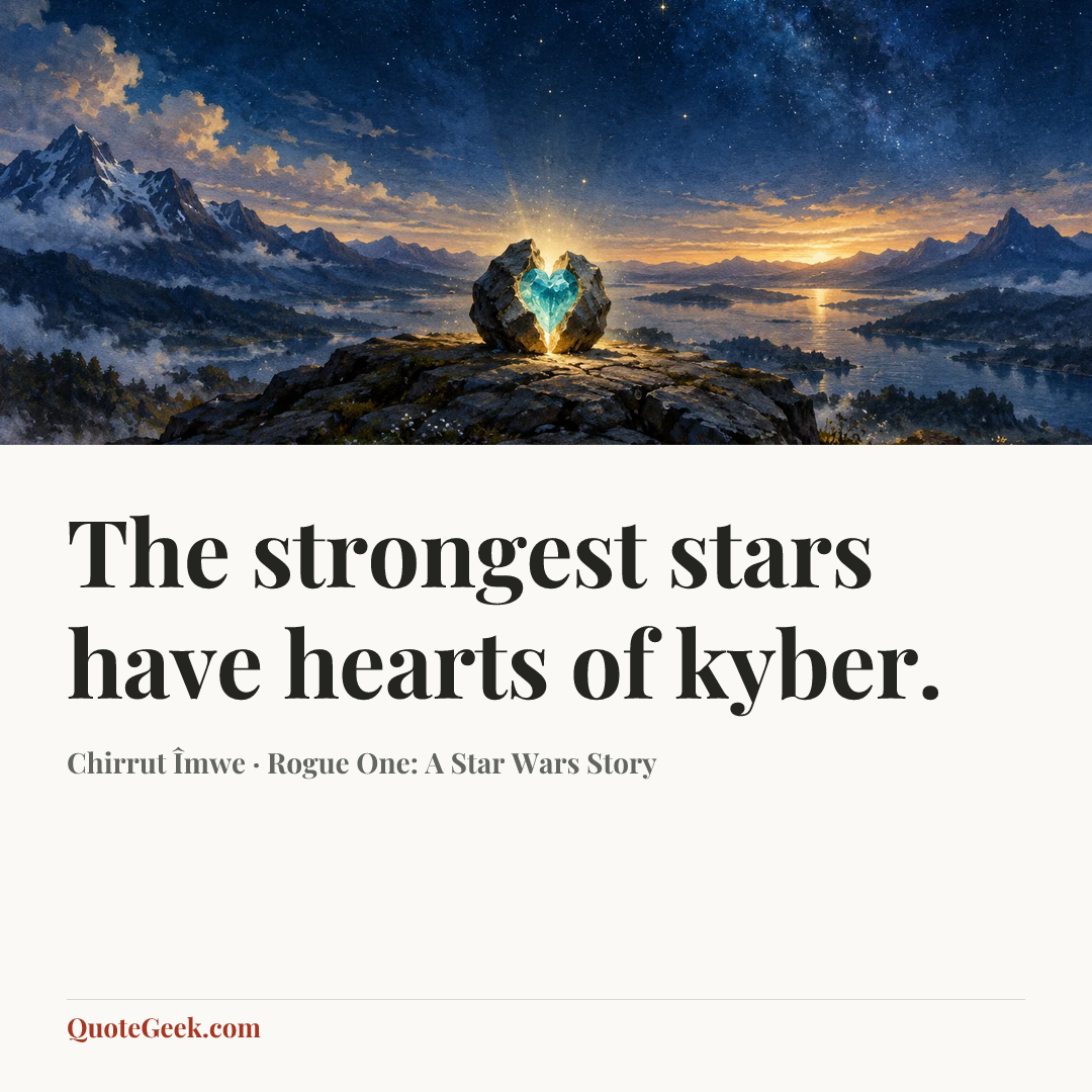 “The strongest stars have hearts of kyber.” — Chirrut Îmwe · Rogue One: A Star Wars Story. Illustrated QuoteGeek card.