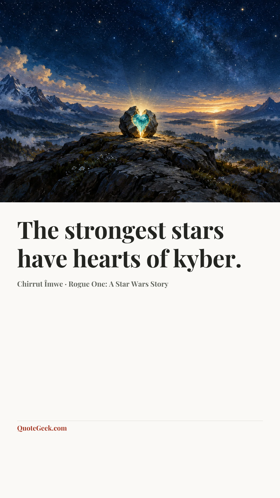 “The strongest stars have hearts of kyber.” — Chirrut Îmwe · Rogue One: A Star Wars Story. Illustrated QuoteGeek card.