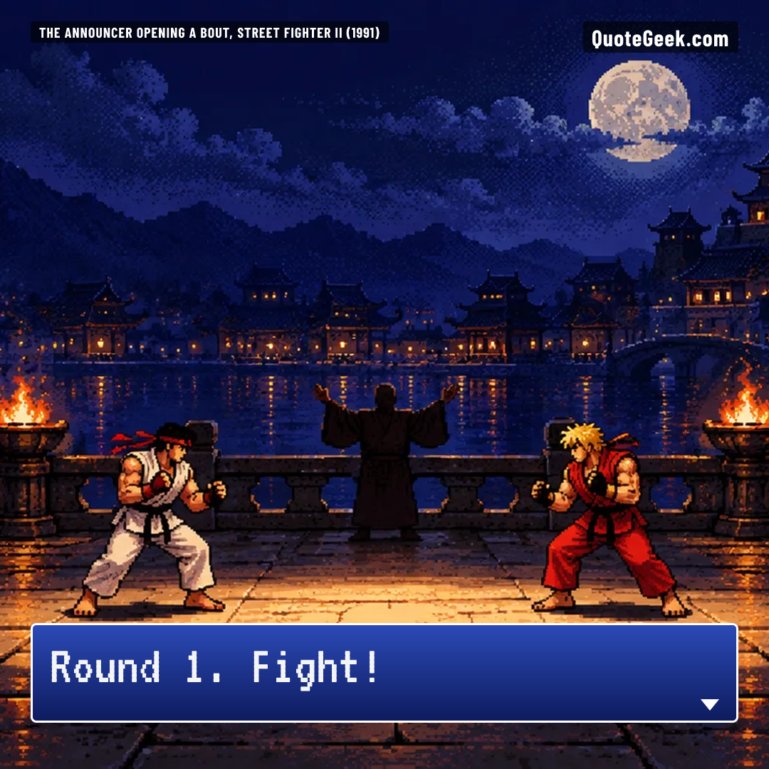 “Round 1. Fight!” — The announcer opening a bout, Street Fighter II (1991) · Street Fighter II. Illustrated QuoteGeek card.
