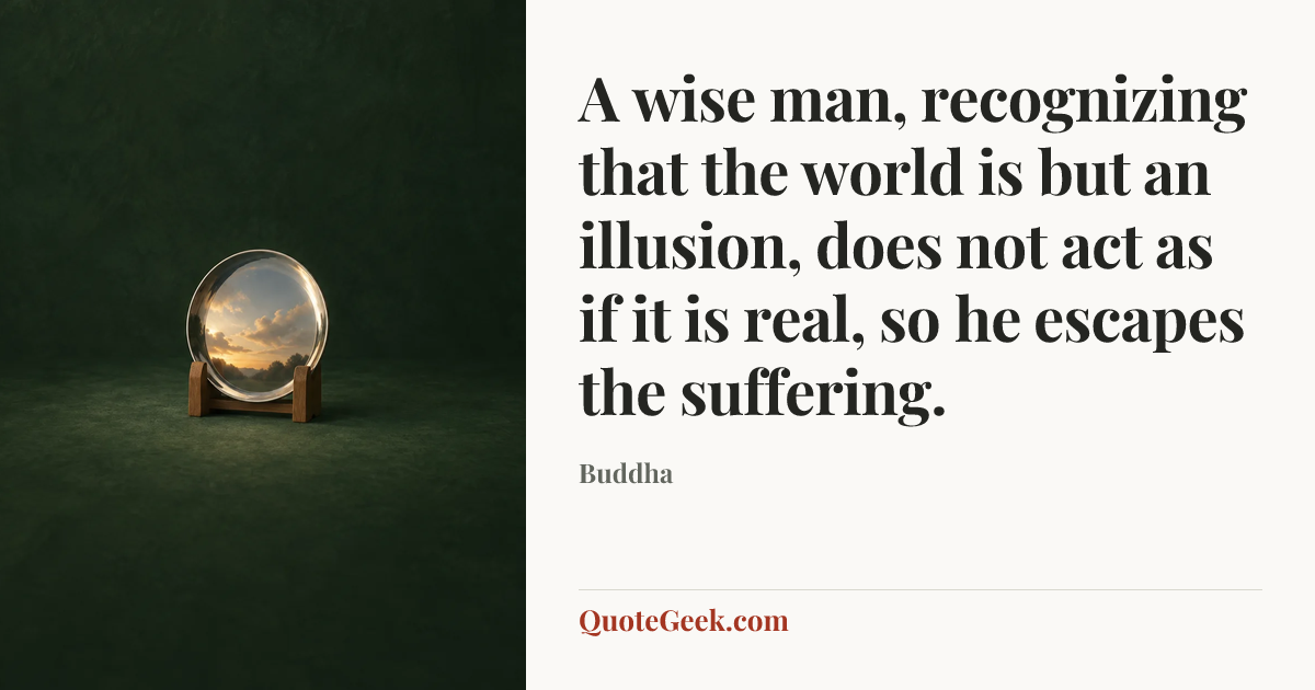 “A wise man, recognizing that the world is but an illusion, does not act as if it is real, so he escapes the suffering.” — Buddha. Illustrated QuoteGeek card.