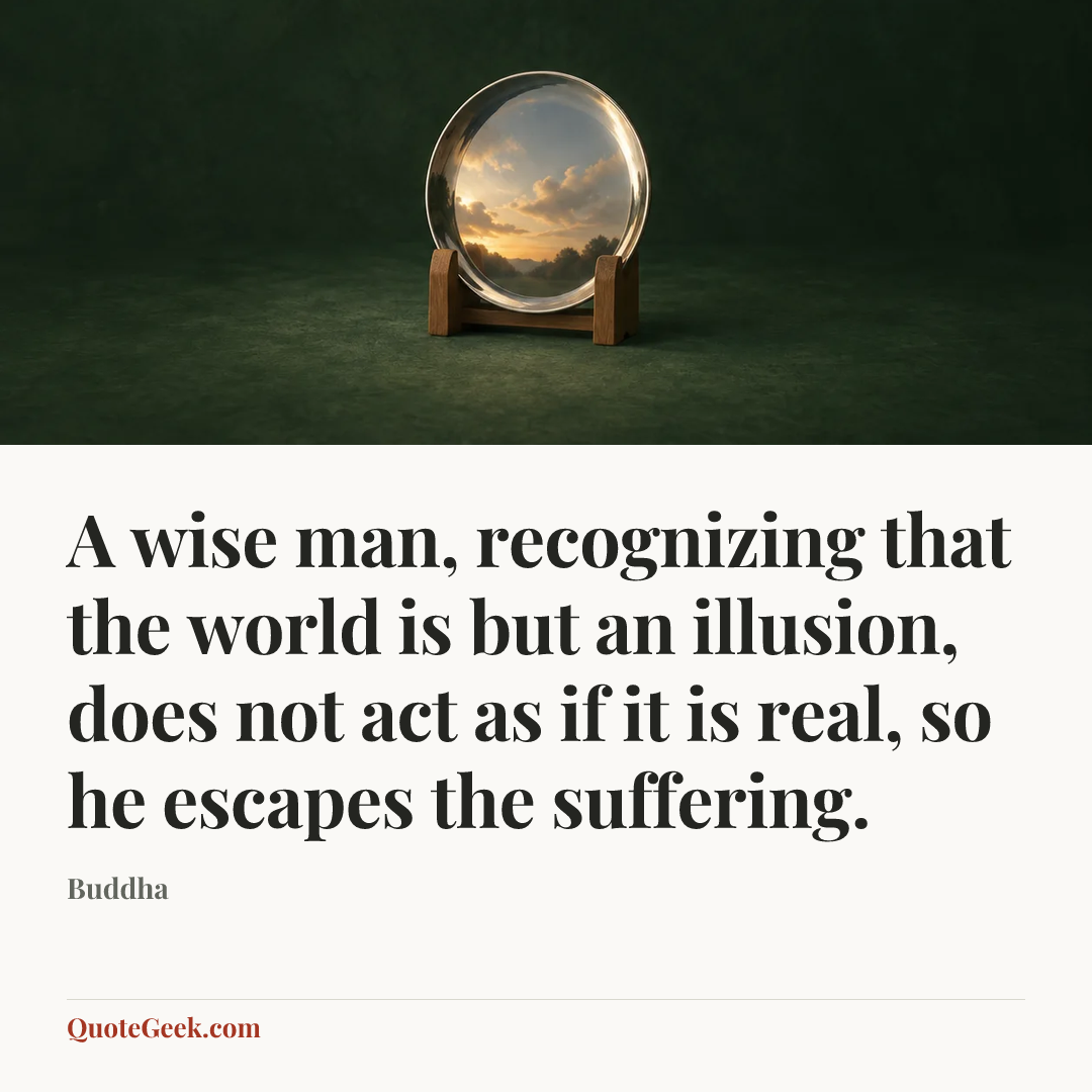 “A wise man, recognizing that the world is but an illusion, does not act as if it is real, so he escapes the suffering.” — Buddha. Illustrated QuoteGeek card.
