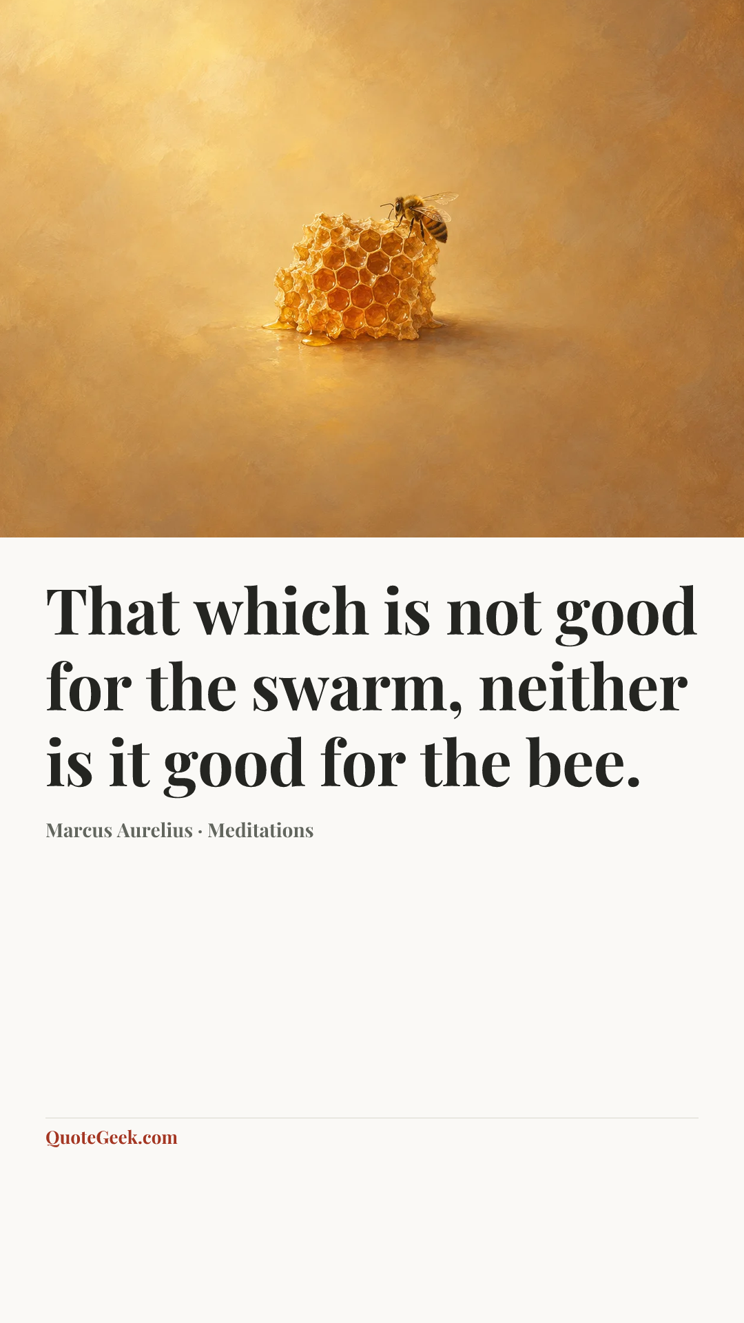 “That which is not good for the swarm, neither is it good for the bee.” — Marcus Aurelius · Meditations. Illustrated QuoteGeek card.