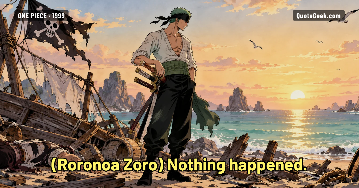 “Nothing happened.” — Roronoa Zoro · One Piece. Illustrated QuoteGeek card.