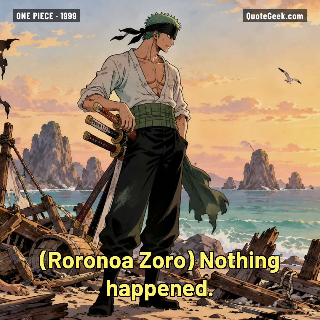“Nothing happened.” — Roronoa Zoro · One Piece. Illustrated QuoteGeek card.