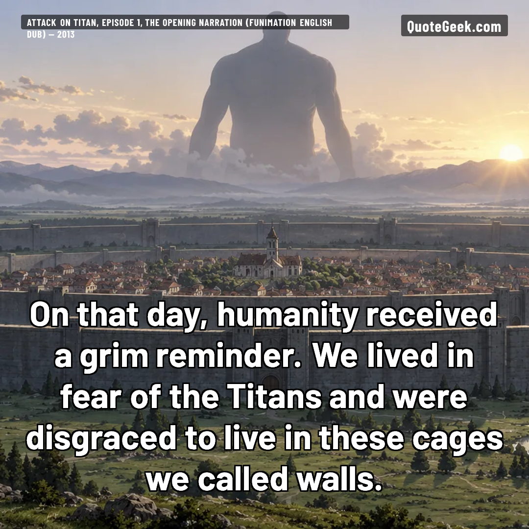 “On that day, humanity received a grim reminder. We lived in fear of the Titans and were disgraced to live in these cages we called walls.” — Attack on Titan, episode 1, the opening narration (Funimation English dub) · Attack on Titan. Illustrated QuoteGeek card.