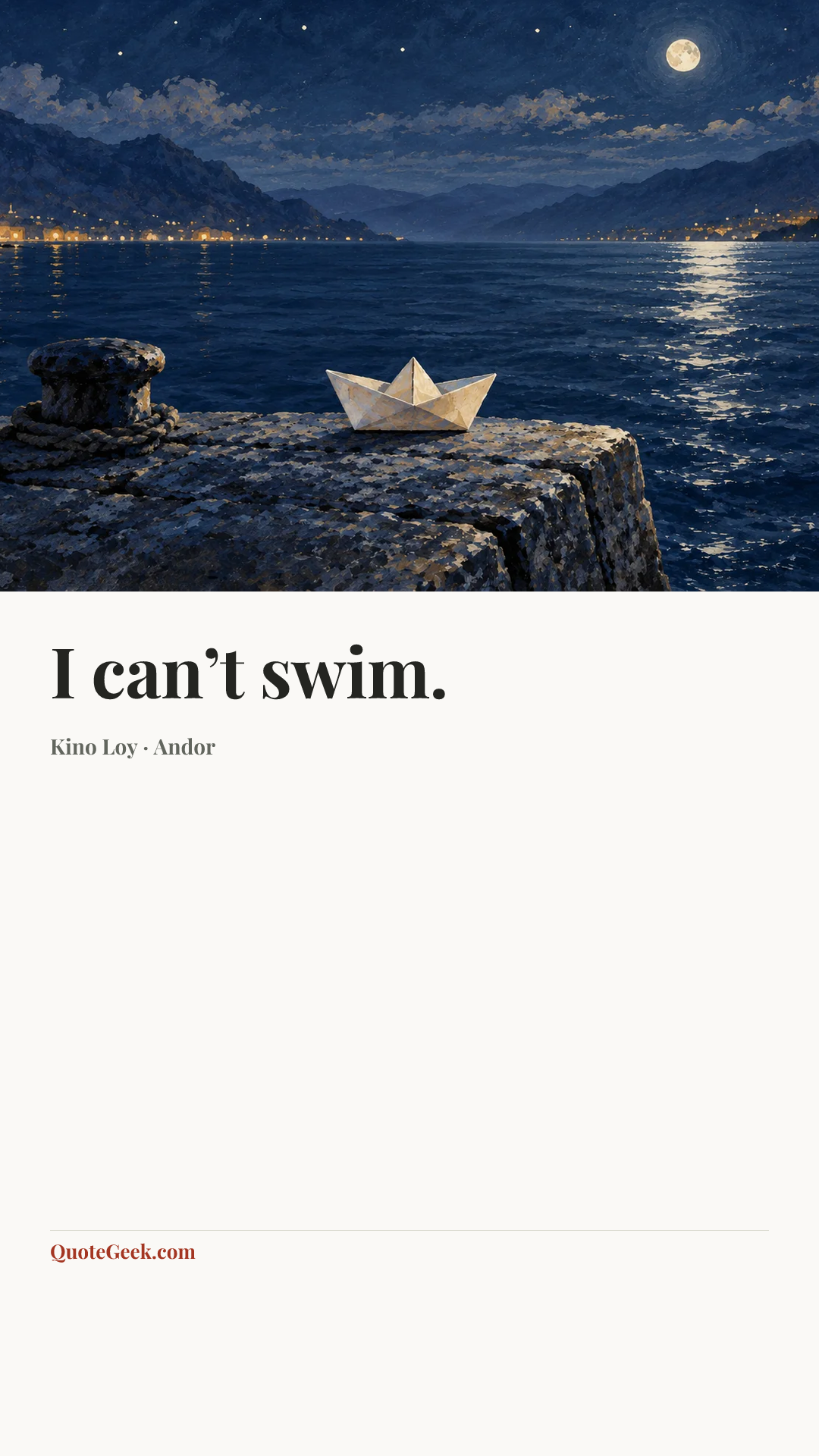 “I can’t swim.” — Kino Loy · Andor. Illustrated QuoteGeek card.