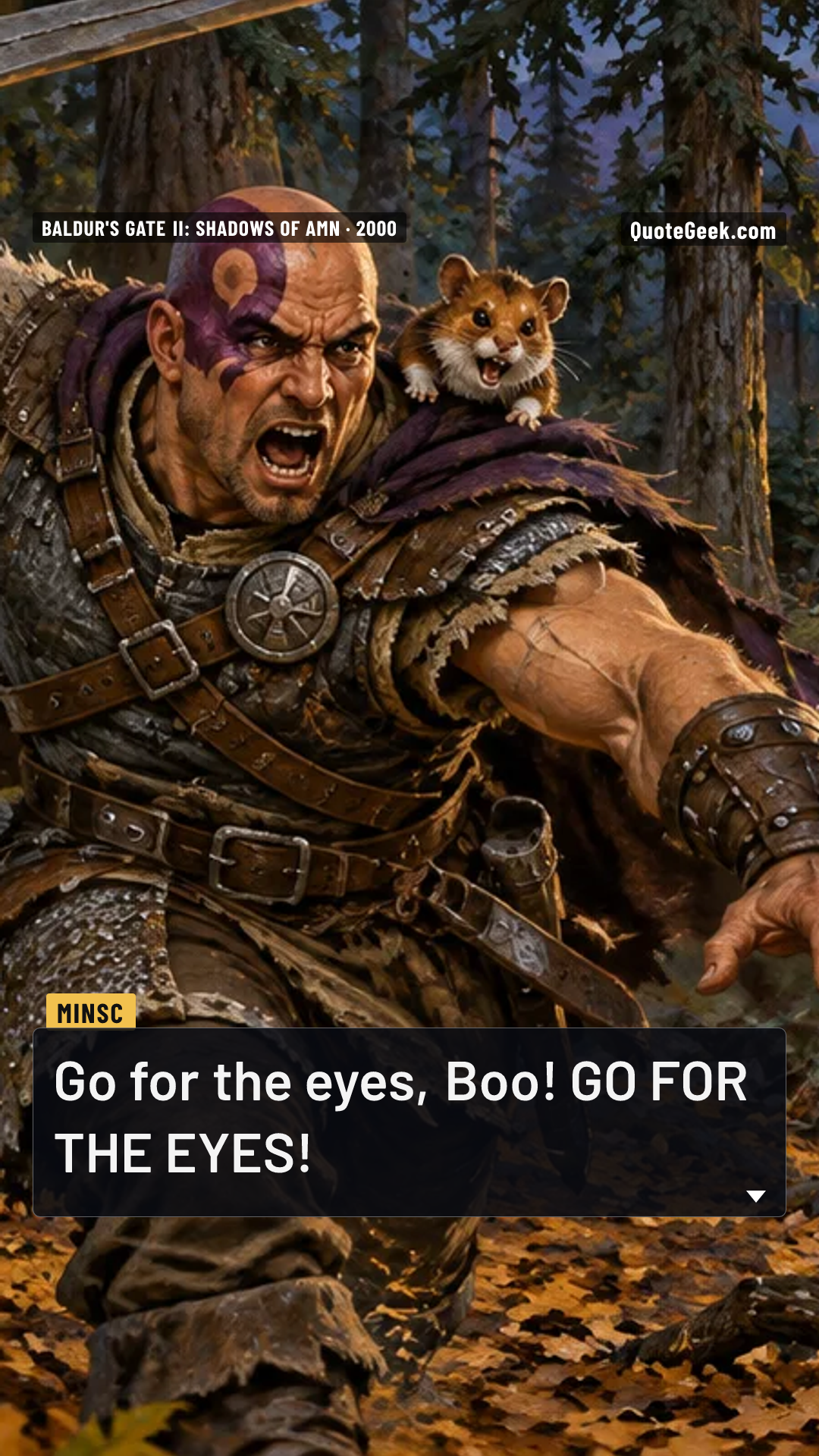 “Go for the eyes, Boo! GO FOR THE EYES!” — Minsc · Baldur's Gate II: Shadows of Amn. Illustrated QuoteGeek card.